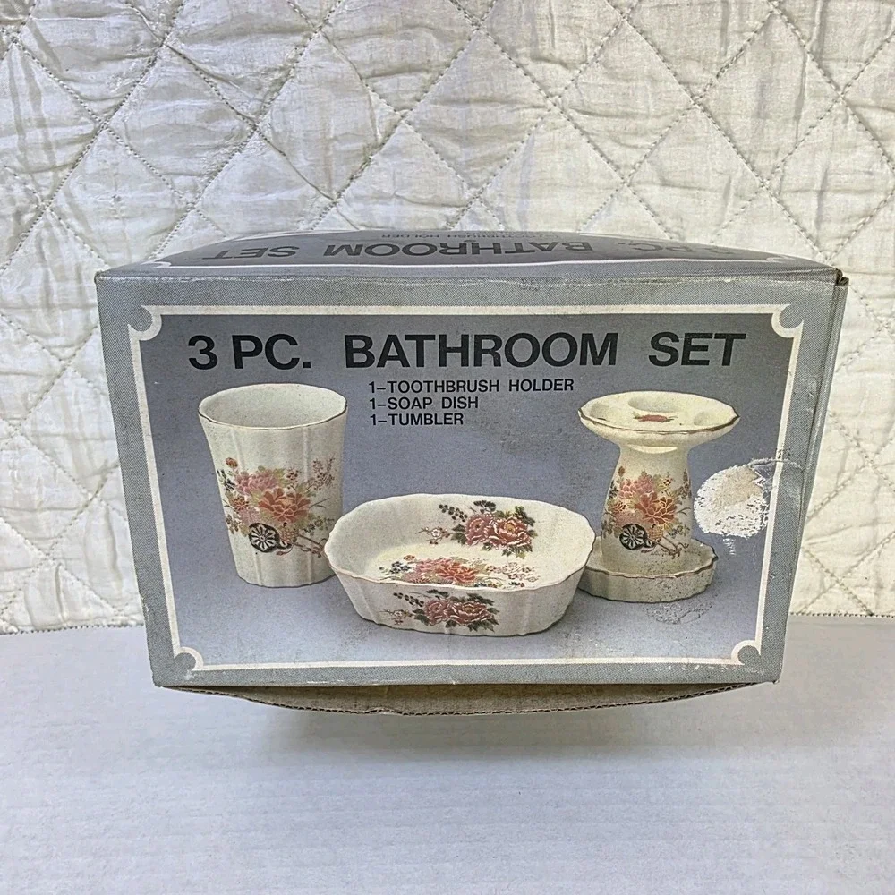 Vintage Porcelain 3 Piece Bathroom Set Japan Cup Toothbrush Holder Soap Dish